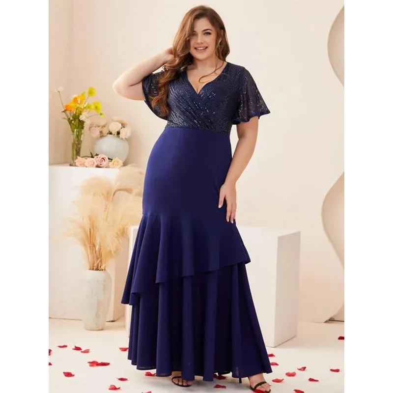 Sequin Short Sleeve V Neck Fishtail Maxi Dress
