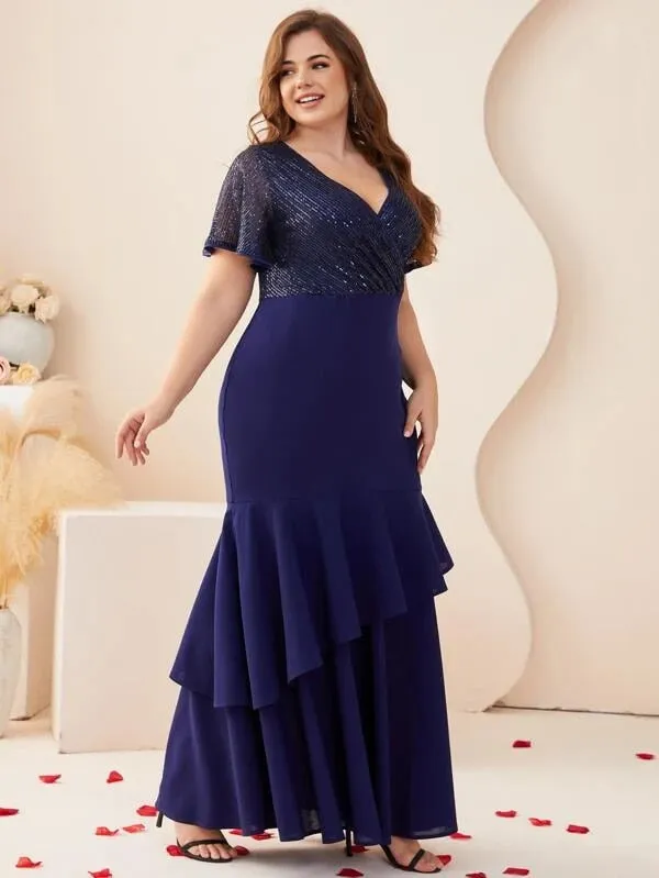 Sequin Short Sleeve V Neck Fishtail Maxi Dress