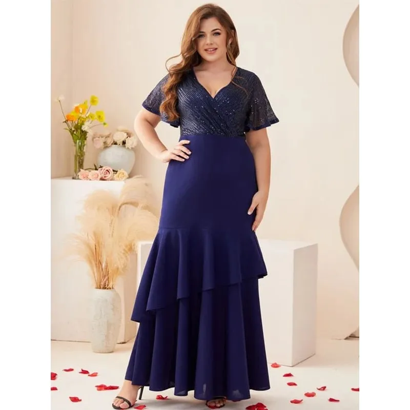 Sequin Short Sleeve V Neck Fishtail Maxi Dress