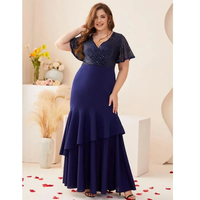 Sequin Short Sleeve V Neck Fishtail Maxi Dress