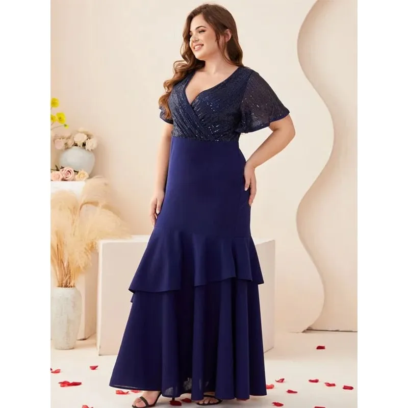 Sequin Short Sleeve V Neck Fishtail Maxi Dress