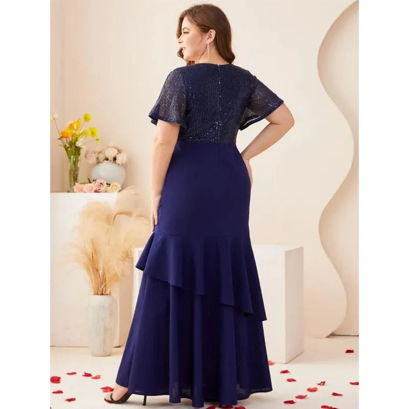 Sequin Short Sleeve V Neck Fishtail Maxi Dress