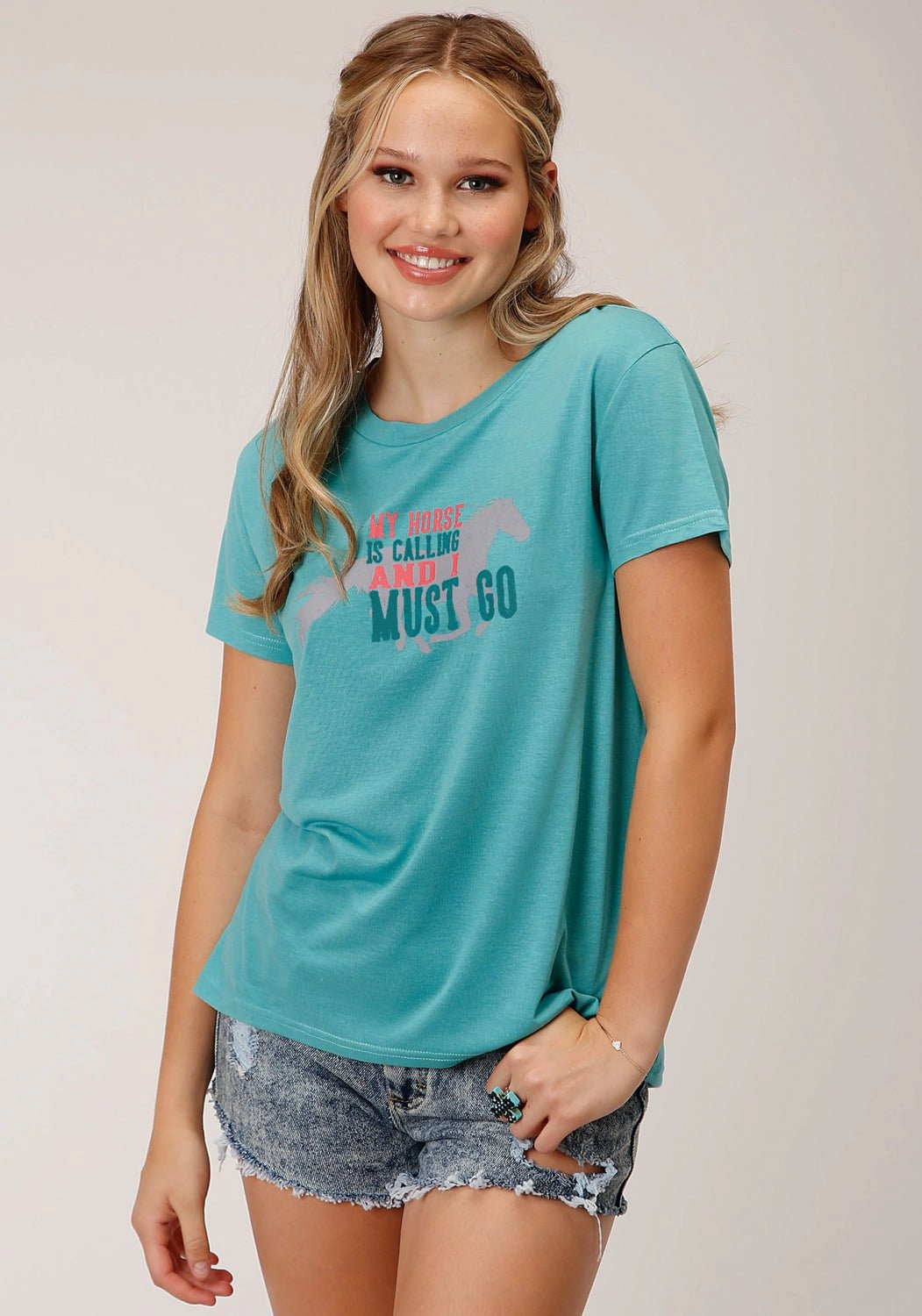 Roper Womens My Horse is Calling Blue Poly/Rayon S/S T-Shirt Anti Static Lining