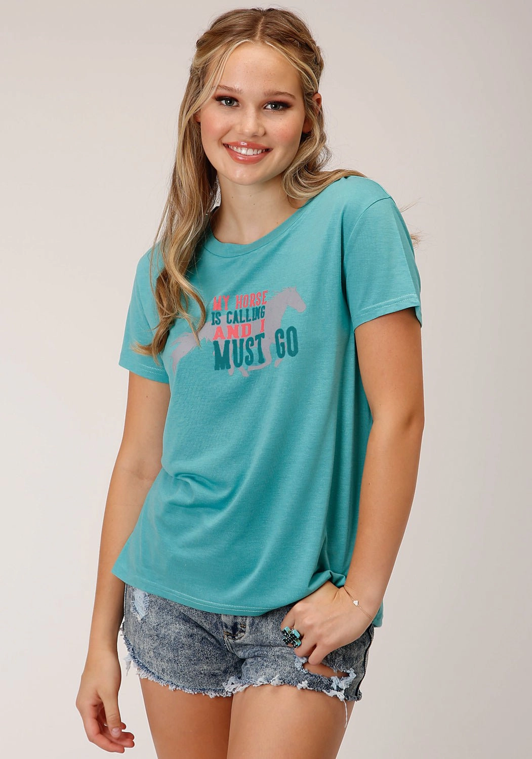 Roper Womens My Horse is Calling Blue Poly/Rayon S/S T-Shirt Anti Static Fabric