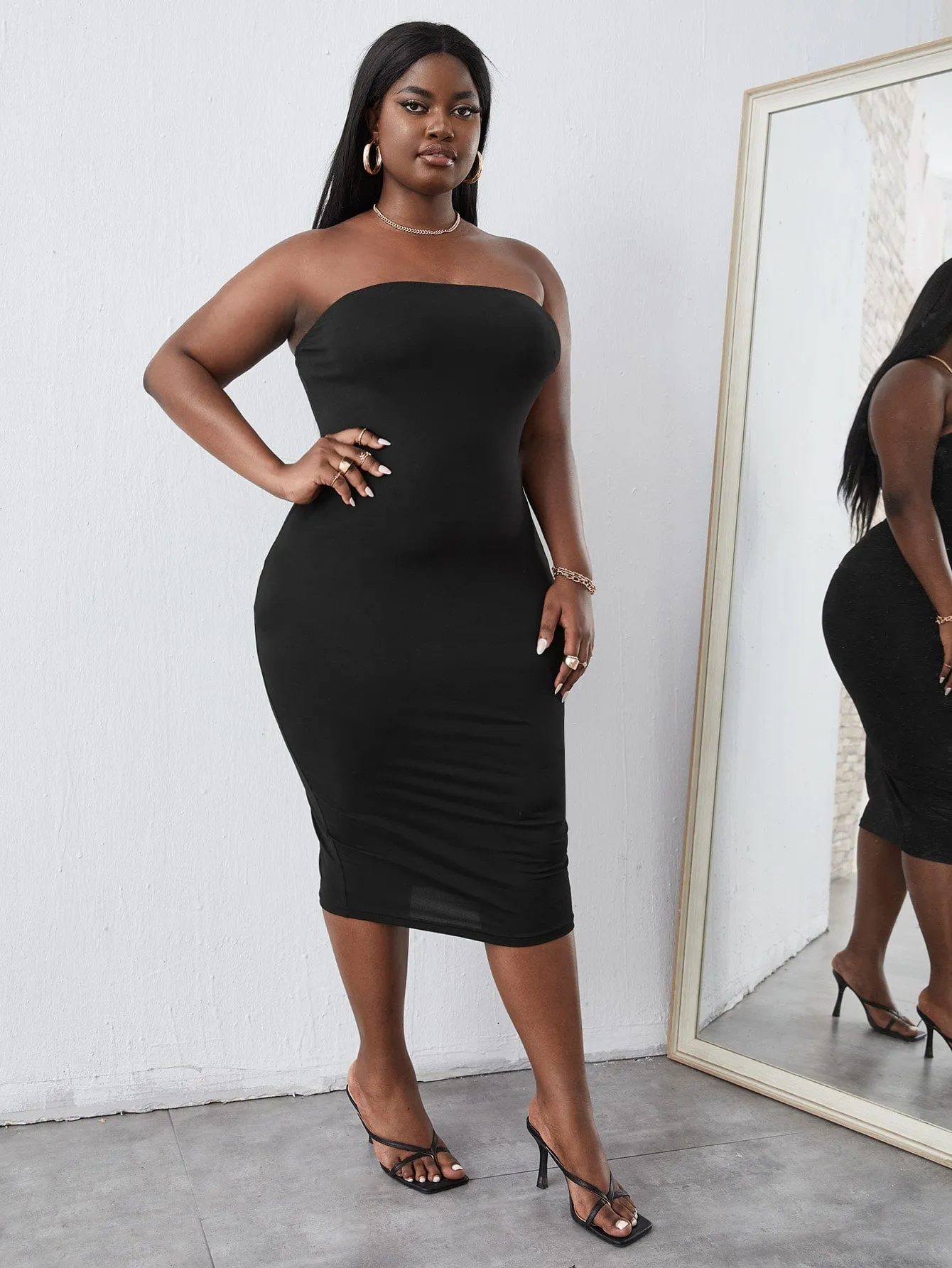 Sexy Plain Sleeveless Strapless Pencil Natural Midi Plus Size Dress
