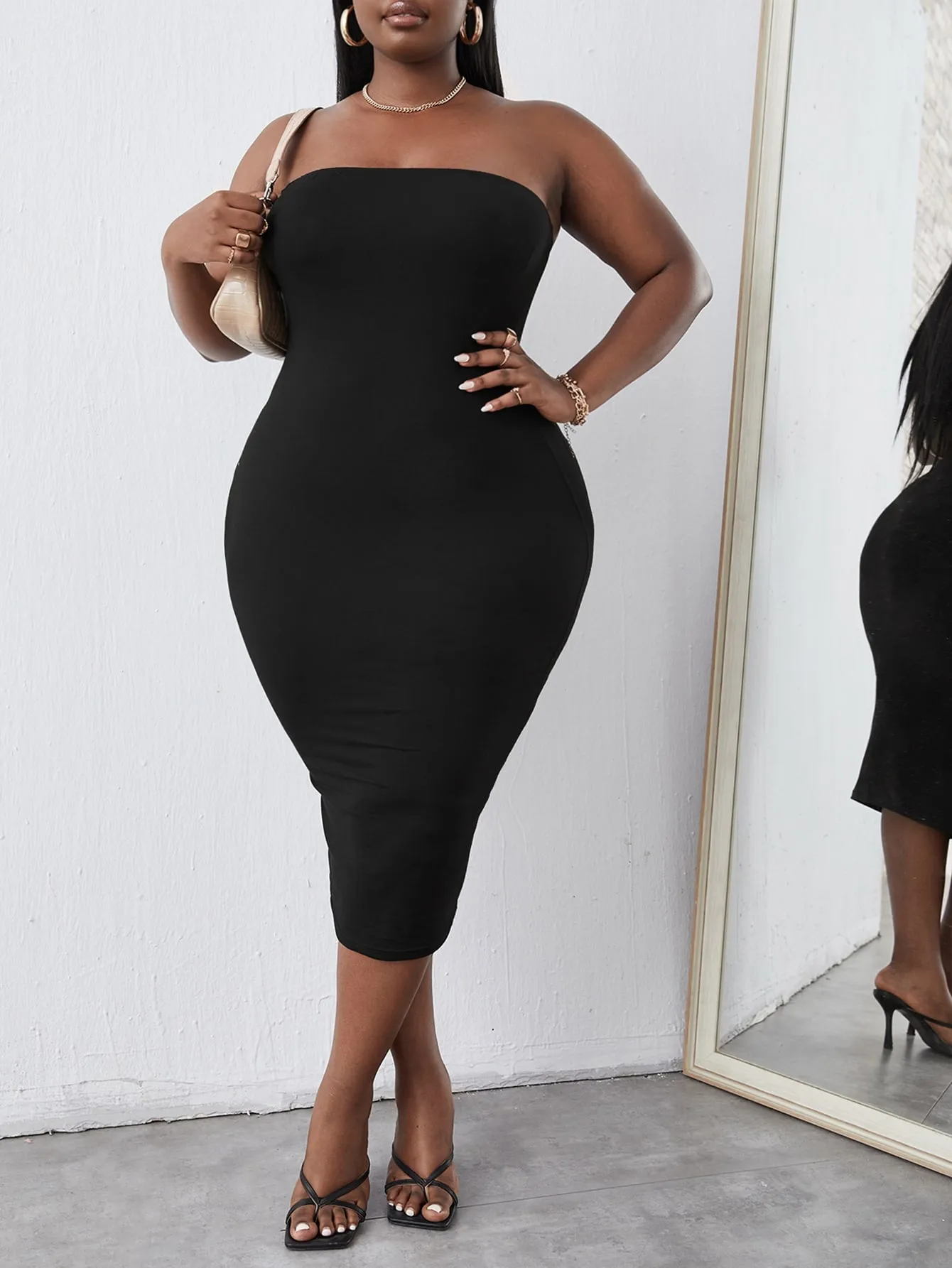 Sexy Plain Sleeveless Strapless Pencil Natural Midi Plus Size Dress
