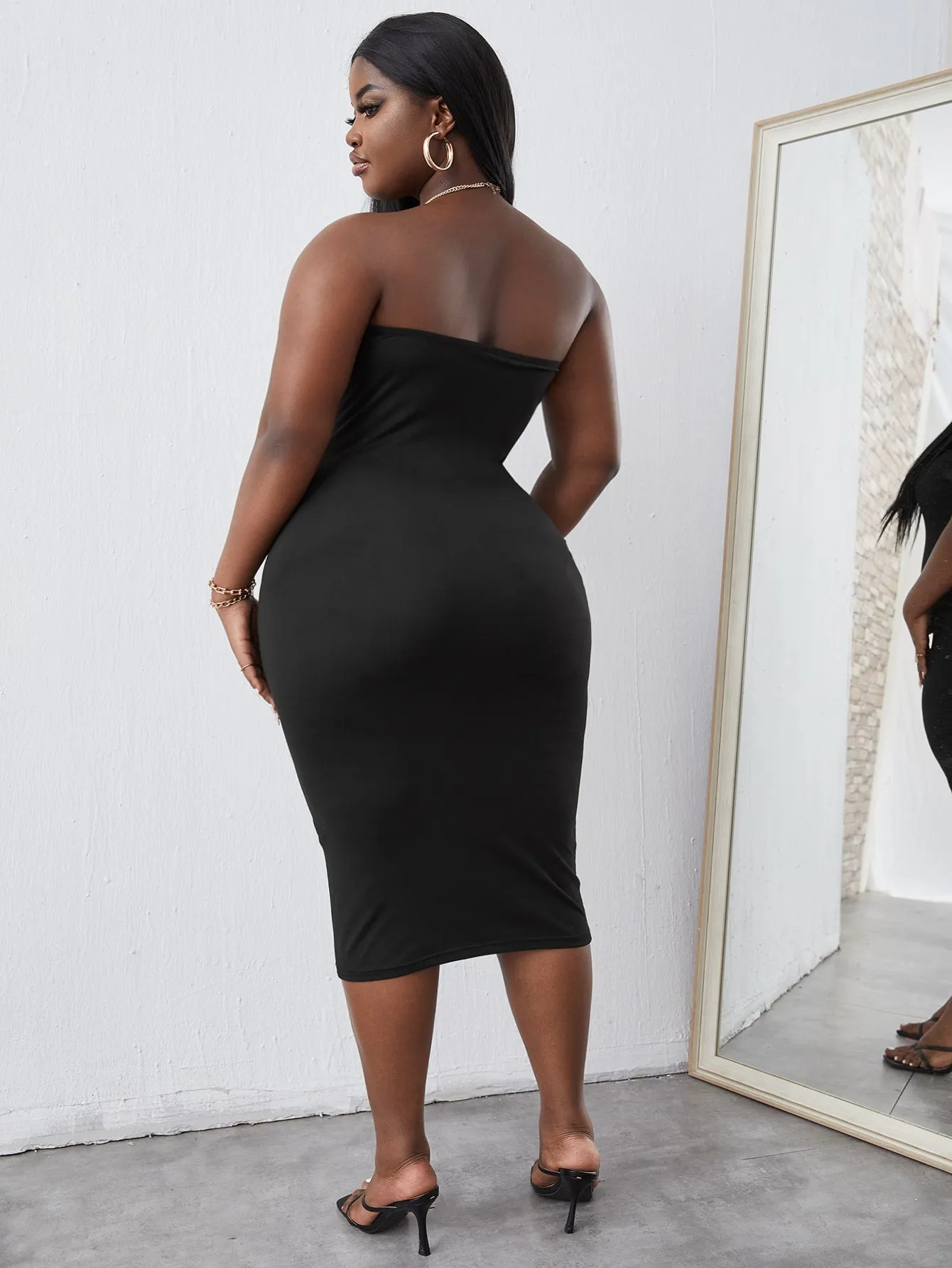Sexy Plain Sleeveless Strapless Pencil Natural Midi Plus Size Dress