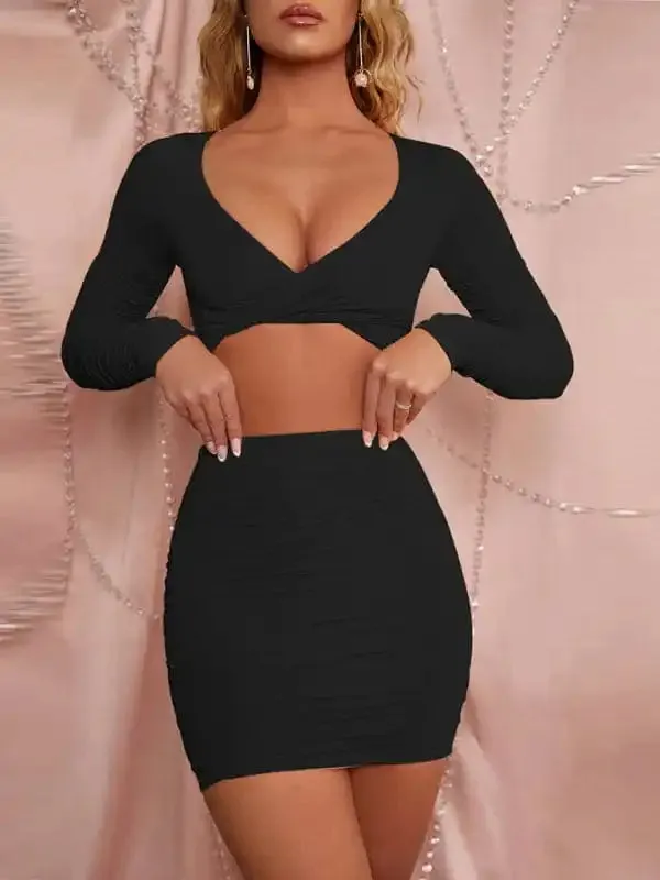 Sexy V-neck long-sleeved ruffled package hip skirt two-piece suit