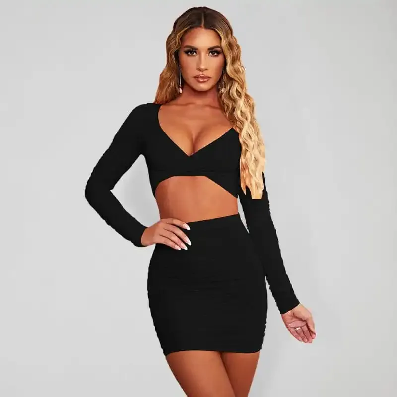 Sexy V-neck long-sleeved ruffled package hip skirt two-piece suit