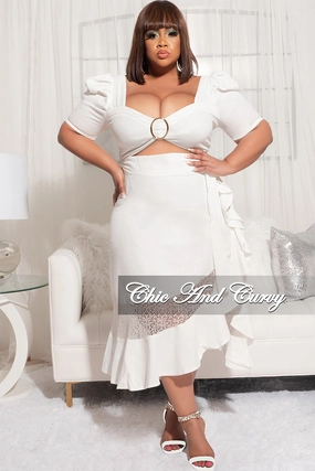 Light support Final Sale Plus Size 2pc Crop Top and High Waist Ruffle Contrast Lace Skirt in Ivory