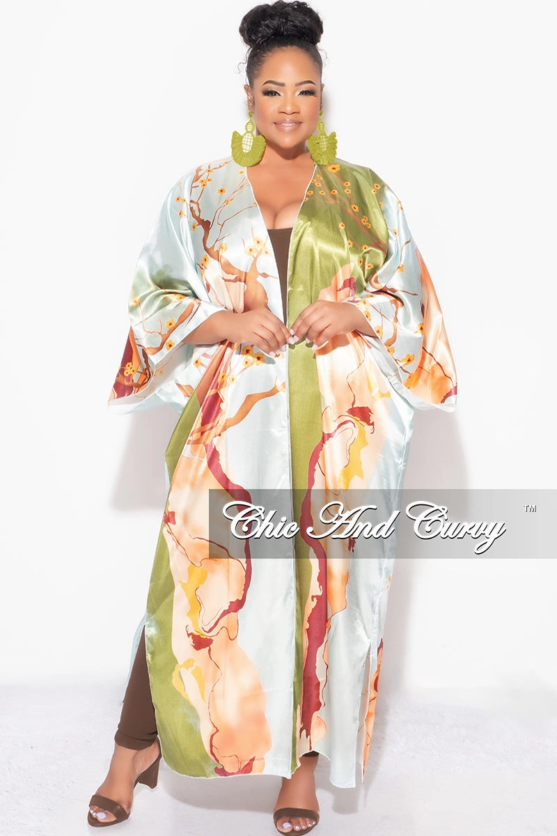 Hip Friendly Pockets Final Sale Plus Size Satin Caftan in Olive & Rust Multi Color Floral Print
