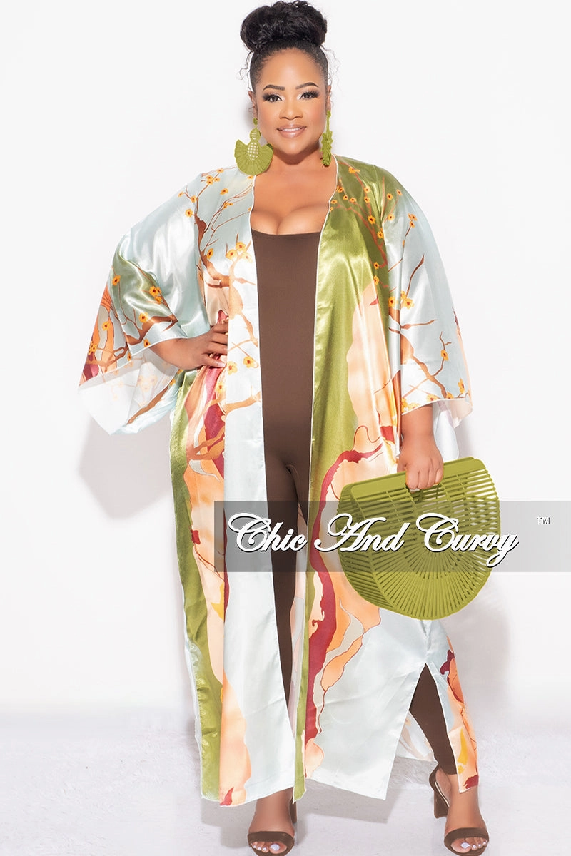 Final Sale Plus Size Satin Caftan in Olive & Rust Multi Color Floral Print AntibacterialCoating ElasticWaist