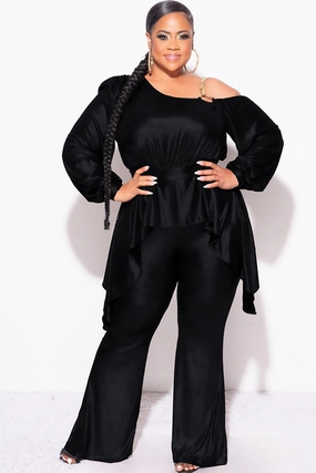 Final Sale Plus Size Cold Shoulder with Gold Chain & Asymmetrical Ruffle Peplum Jumpsuit in Black Non Slip Waist Grip