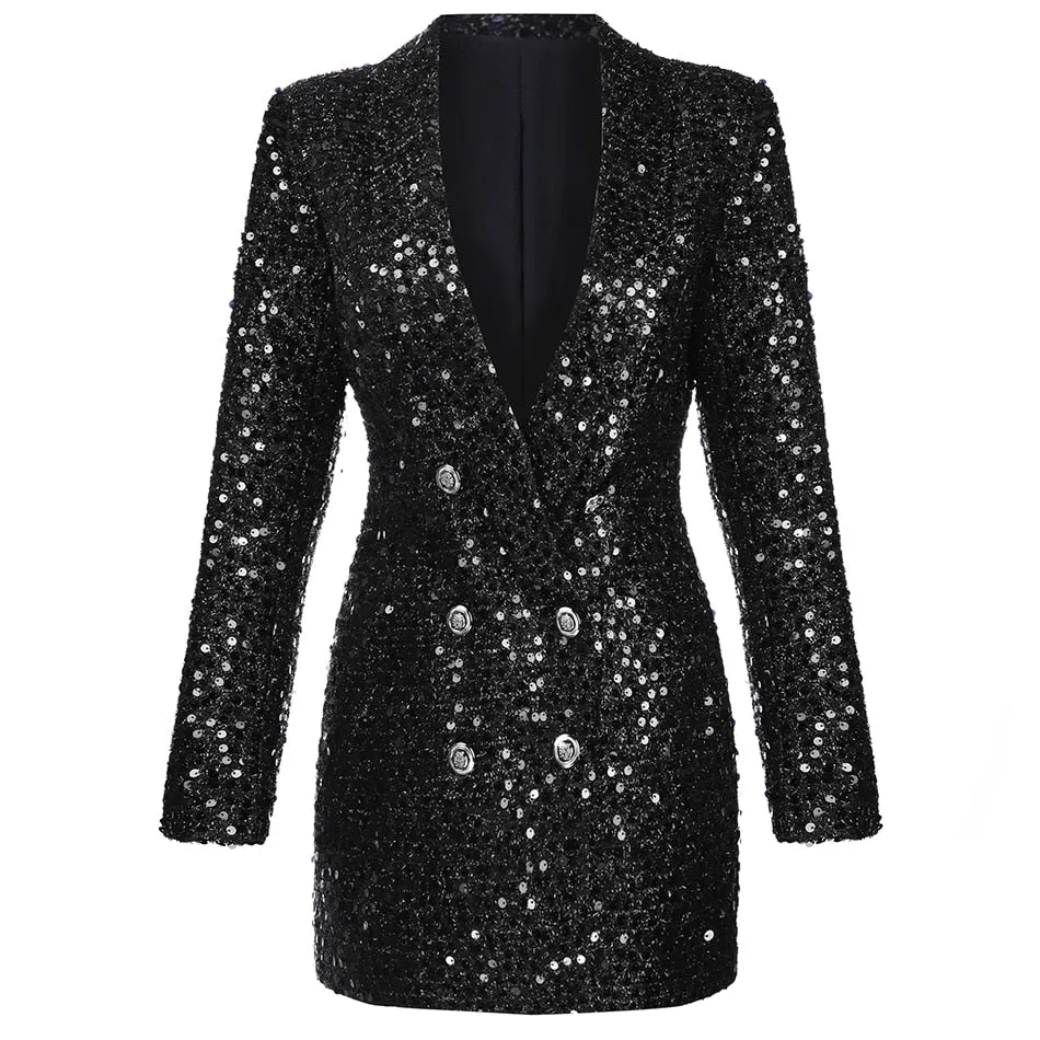 Shawl Collar Glitter Sequined Long Runway Black Blazer