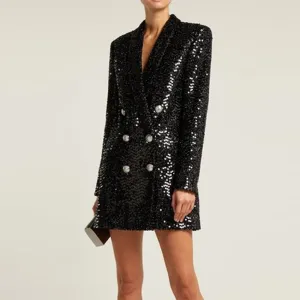 Shawl Collar Glitter Sequined Long Runway Black Blazer