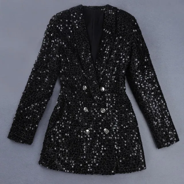 Shawl Collar Glitter Sequined Long Runway Black Blazer