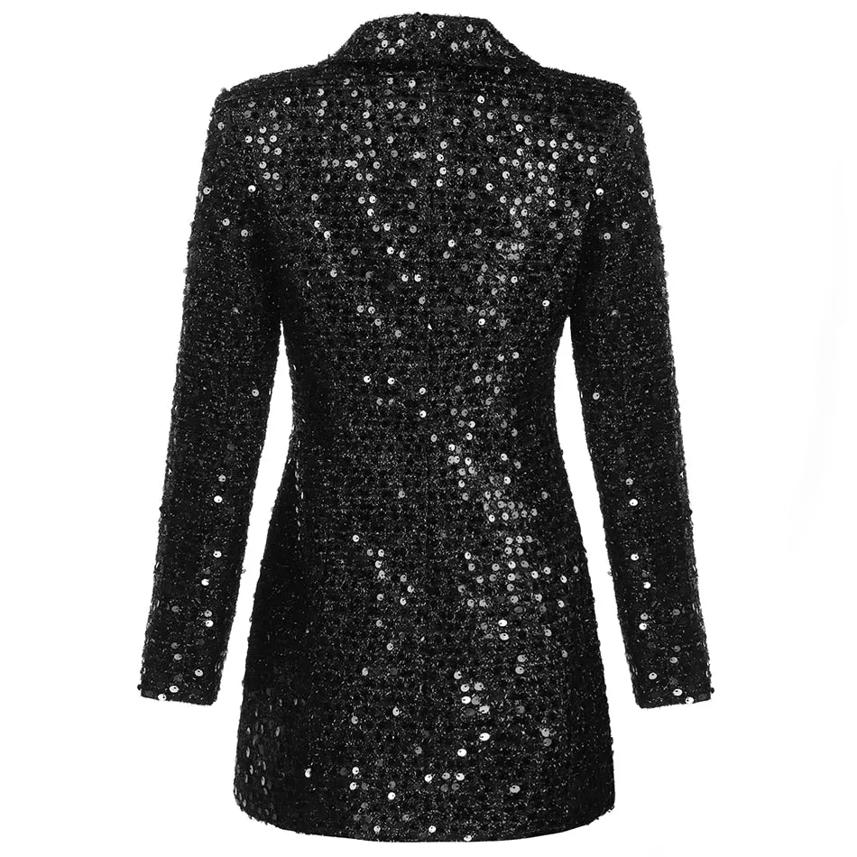 Shawl Collar Glitter Sequined Long Runway Black Blazer