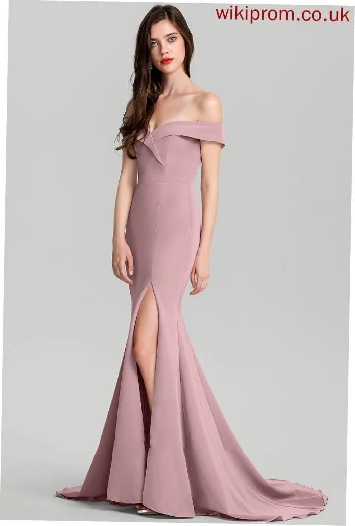 Sheath/Column Crepe Dress Diya Train Sweep Stretch Off-the-Shoulder Wedding Wedding Dresses