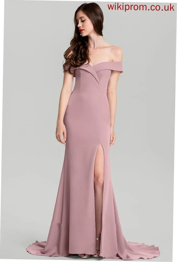 Sheath/Column Crepe Dress Diya Train Sweep Stretch Off-the-Shoulder Wedding Wedding Dresses