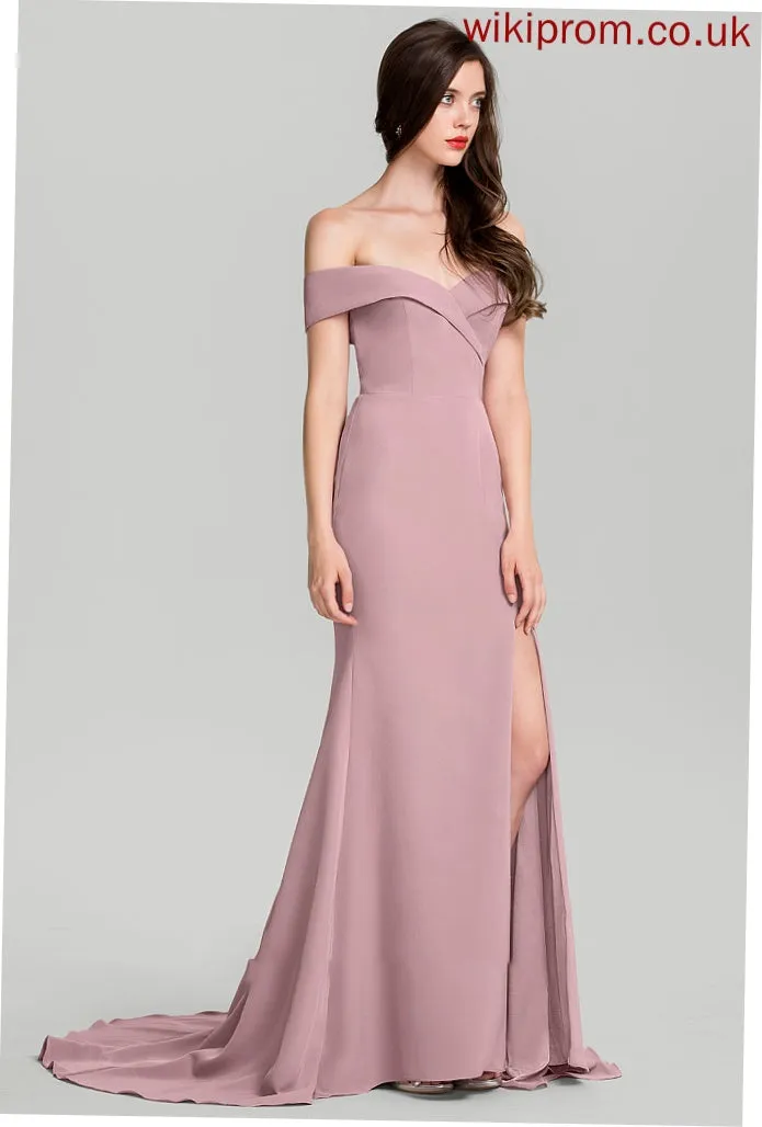 Sheath/Column Crepe Dress Diya Train Sweep Stretch Off-the-Shoulder Wedding Wedding Dresses