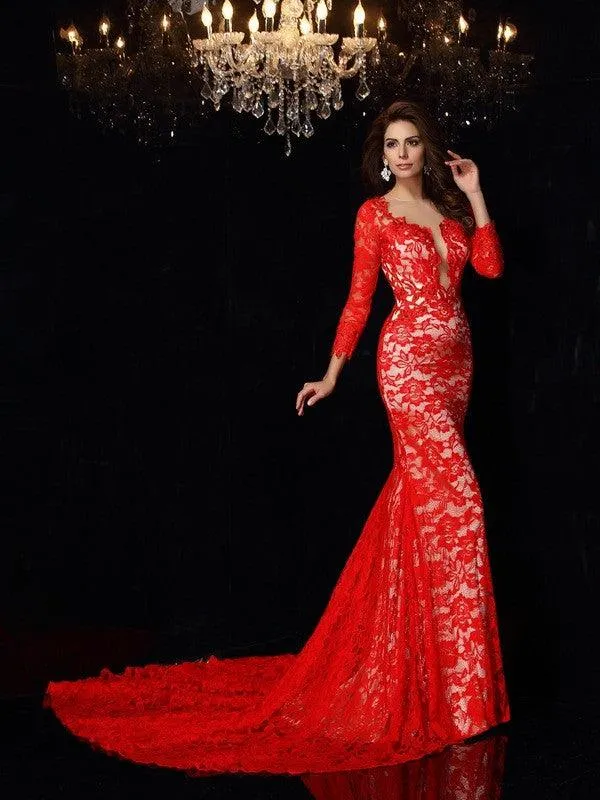 Sheath/Column Scoop Lace 3/4 Sleeves Long Lace Dresses