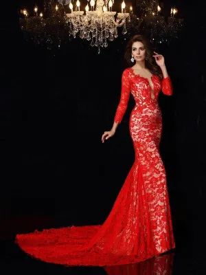 Sheath/Column Scoop Lace 3/4 Sleeves Long Lace Dresses