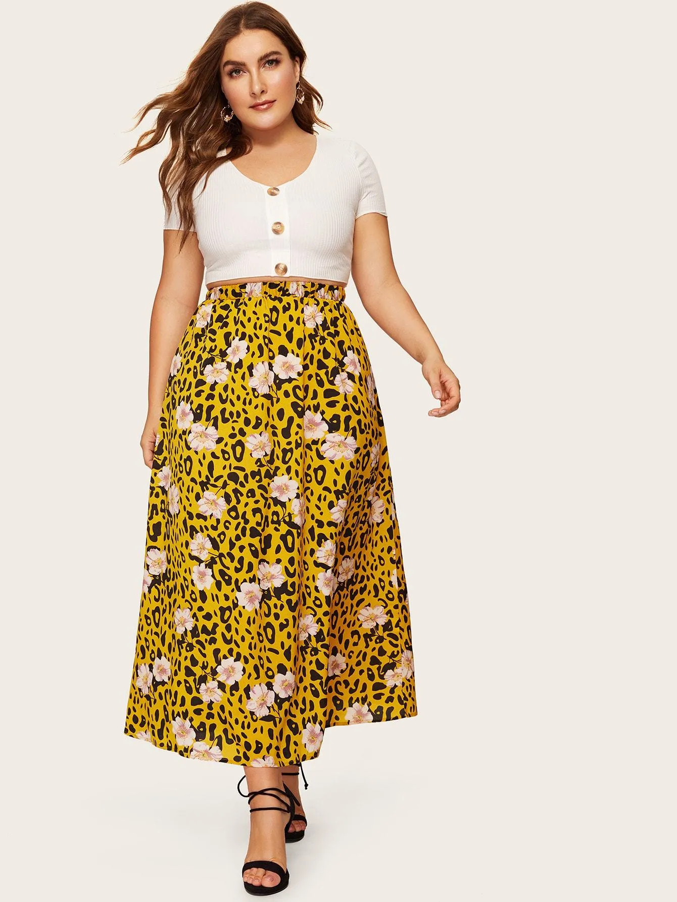 SHEIN Plus Elastic Waist Floral & Leopard Print Skirt
