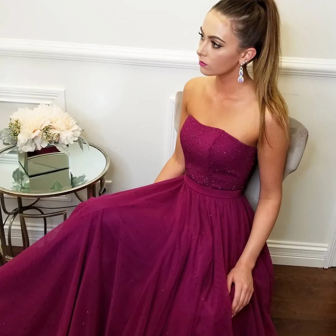 Shining Tulle Strapless Neckline A-line Prom Dresses With Hot Fix Rhinestones PD187