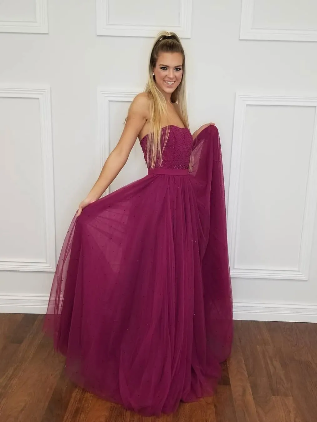 Shining Tulle Strapless Neckline A-line Prom Dresses With Hot Fix Rhinestones PD187