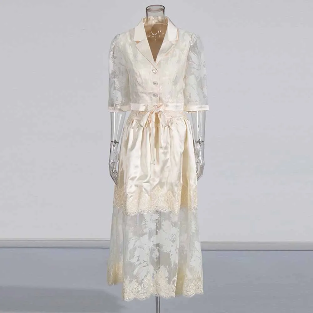 Shirt Collar Two Piece Midi Skirt Suit With Half-Sleeves