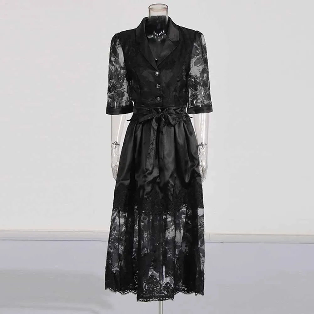 Shirt Collar Two Piece Midi Skirt Suit With Half-Sleeves