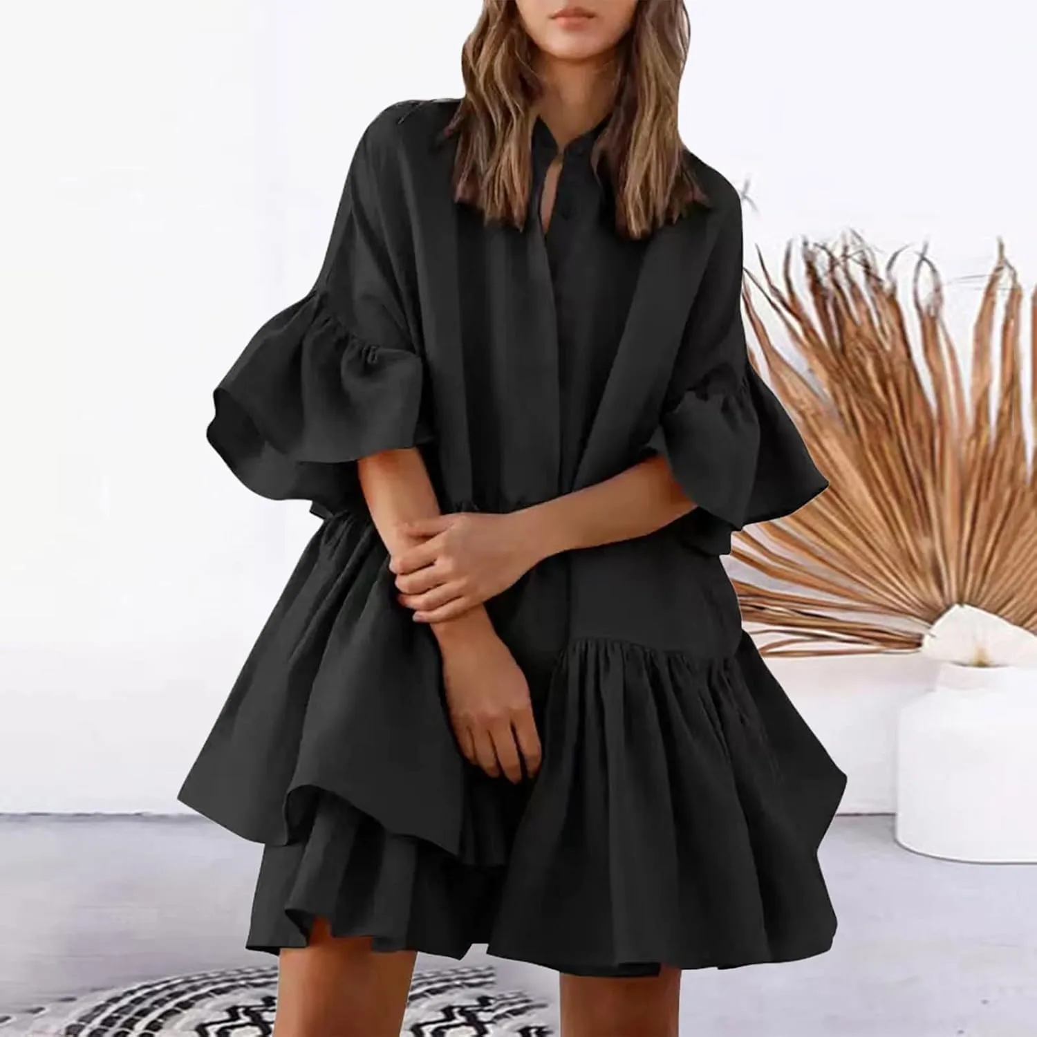 Shirt Dresses for Women 2025 Bohemian College Tiered Ruffle Half Sleeve Vacation Dress Homecoming Comfy Cruise Outfits