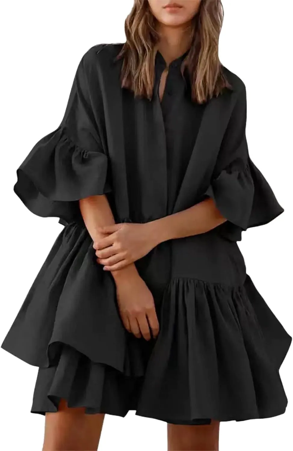 Shirt Dresses for Women 2025 Bohemian College Tiered Ruffle Half Sleeve Vacation Dress Homecoming Comfy Cruise Outfits