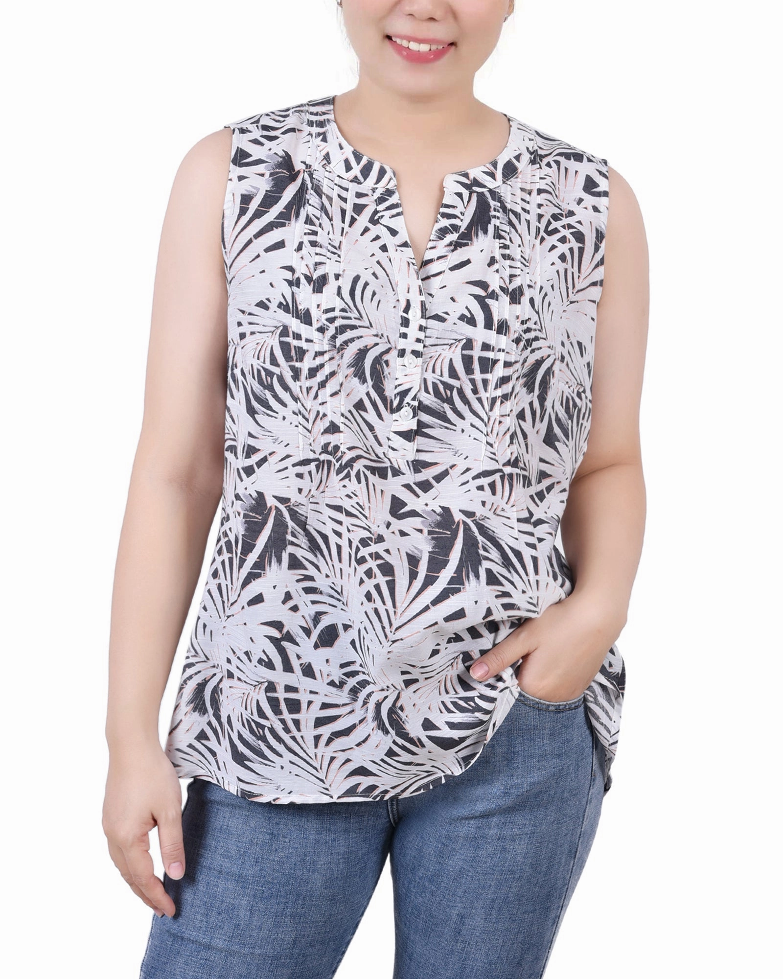 Sleeveless Pintucked Blouse Adjustable Hem HeatPressedLogos