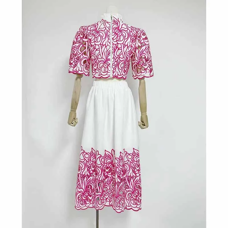 Short Sleeve Embroidered Two Piece Midi Skirt Suit