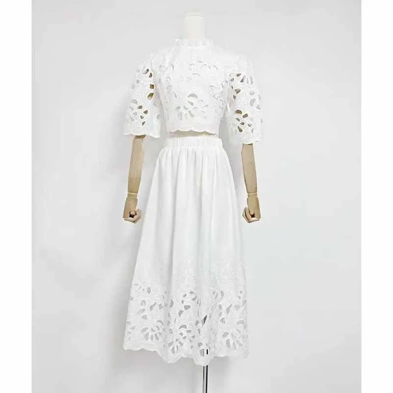 Short Sleeve Embroidered Two Piece Midi Skirt Suit