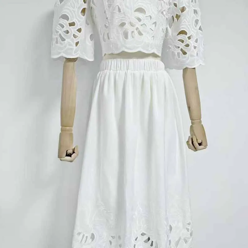 Short Sleeve Embroidered Two Piece Midi Skirt Suit