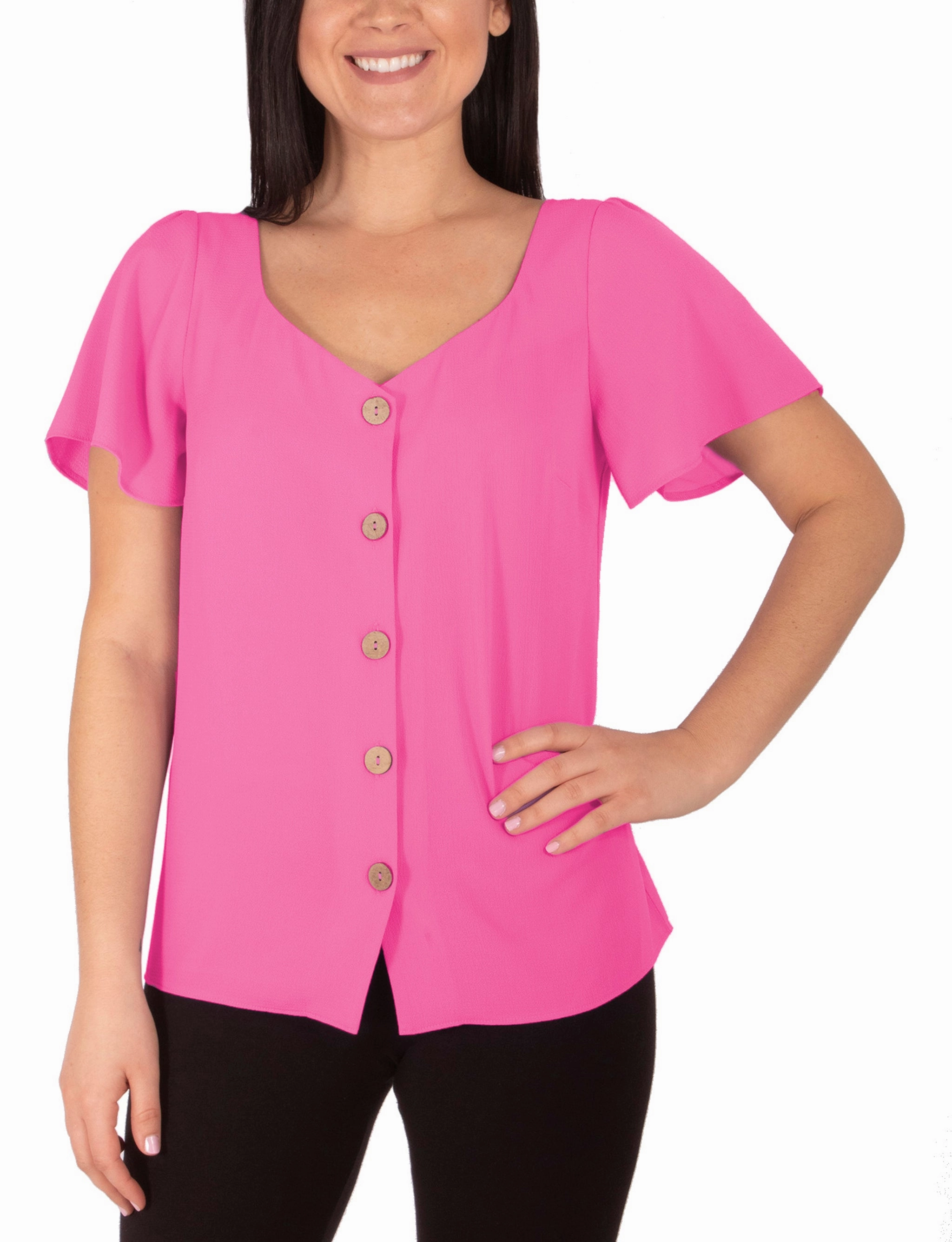 Short Bell Sleeve Crepe Blouse With Princess Neckline SeamlessSidePanels