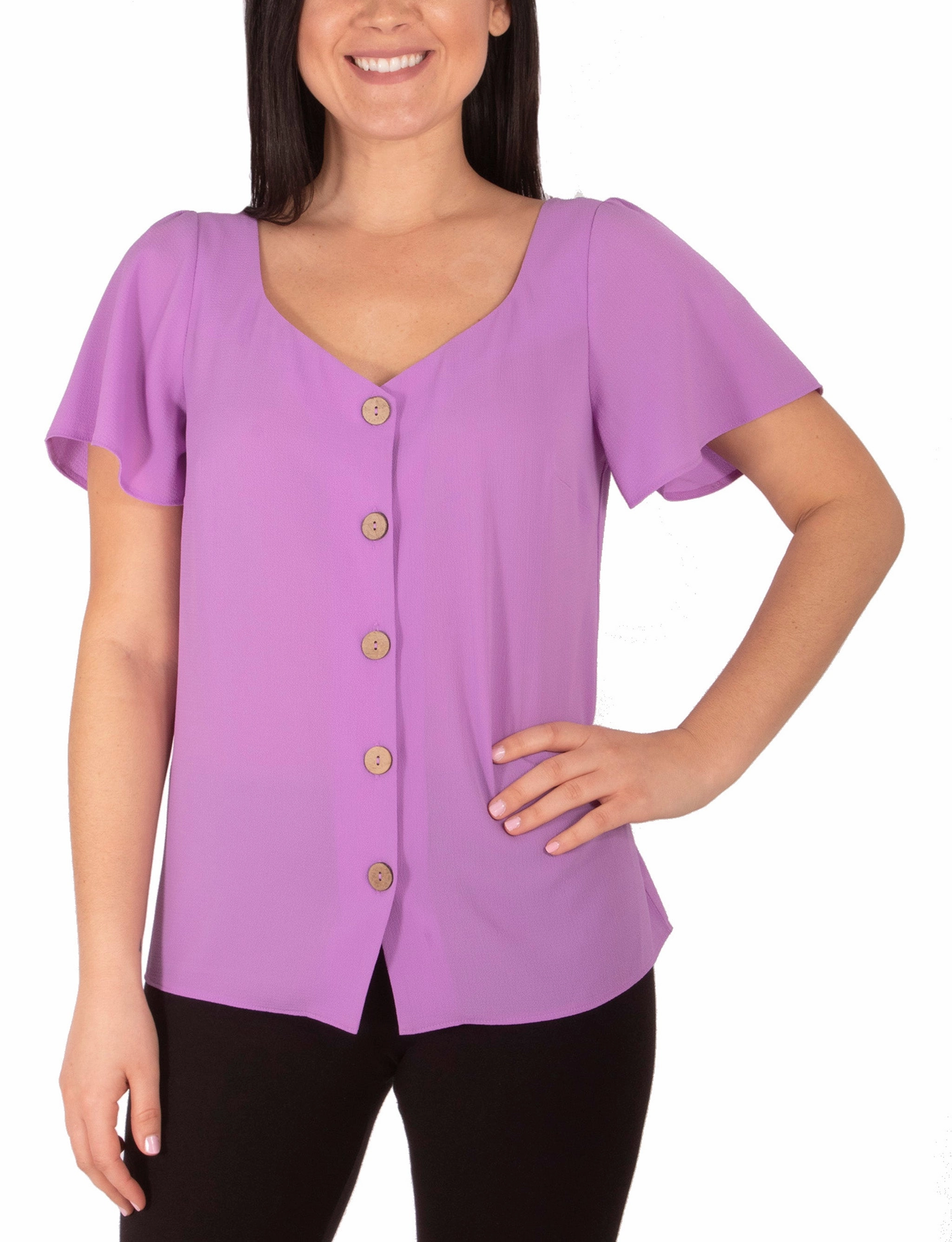 Short Bell Sleeve Crepe Blouse With Princess Neckline GarmentWashed Softness