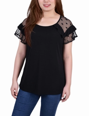 Ribbed Collar Design FoldableFeature Short Dot Sleeve Top