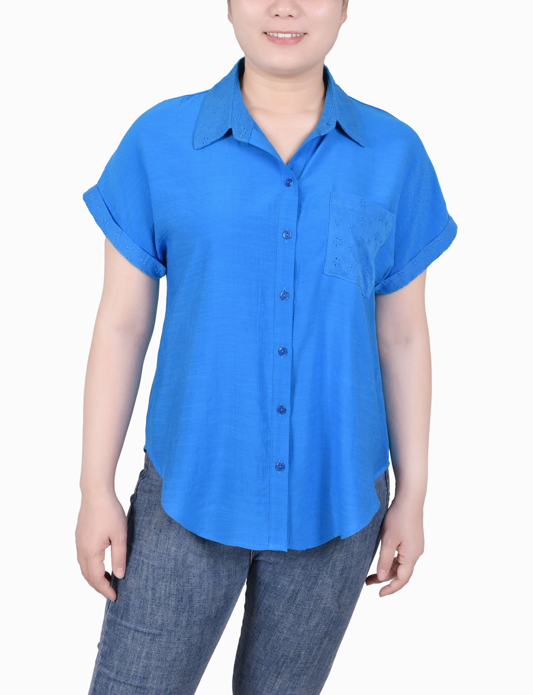 Sporty Top Garment Washed Finish Short Extended Sleeve Blouse