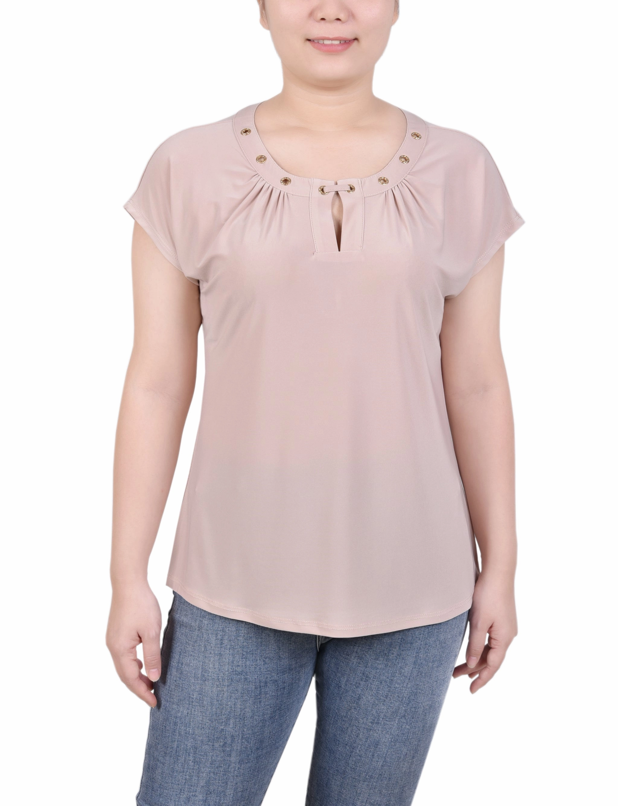 Adjustable Fit System Breathable Knit Fabric Short Extended-Sleeve Grommet Neck Knit Top