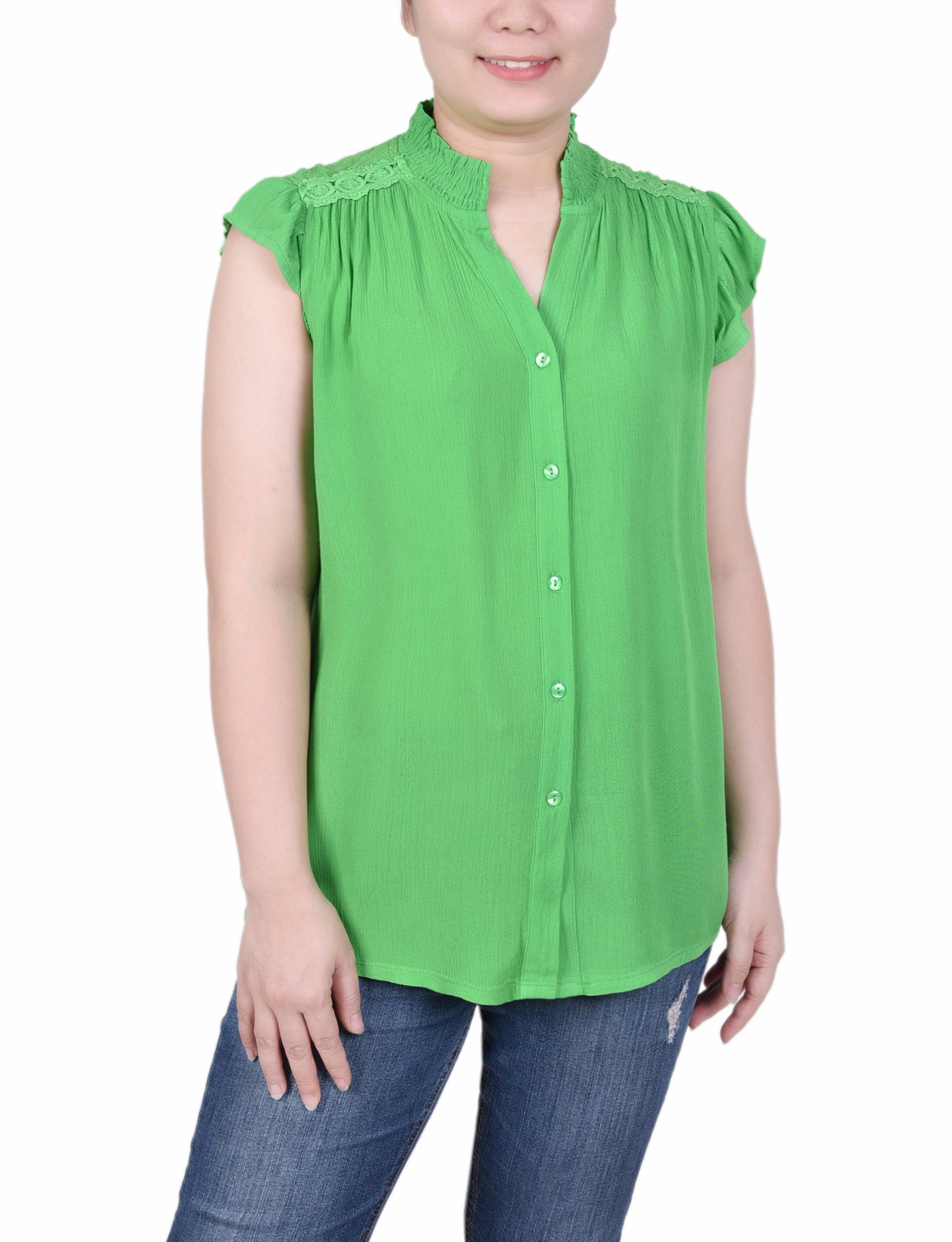 Short Flutter Sleeve Crepon Blouse Chic Tee Hypoallergenic Inner Layer
