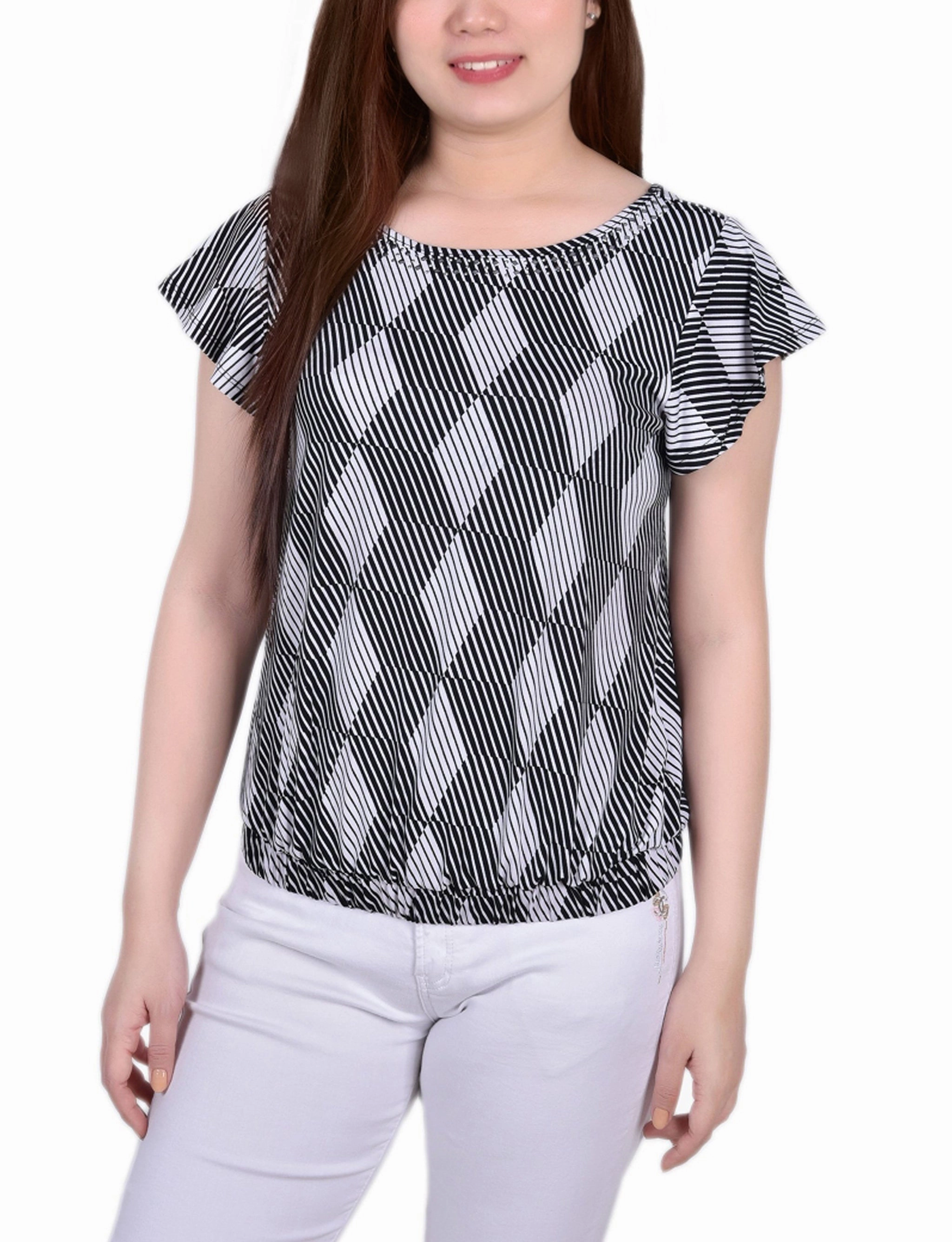 Short Flutter Sleeve Top With Studded Neckline PolishedFinish