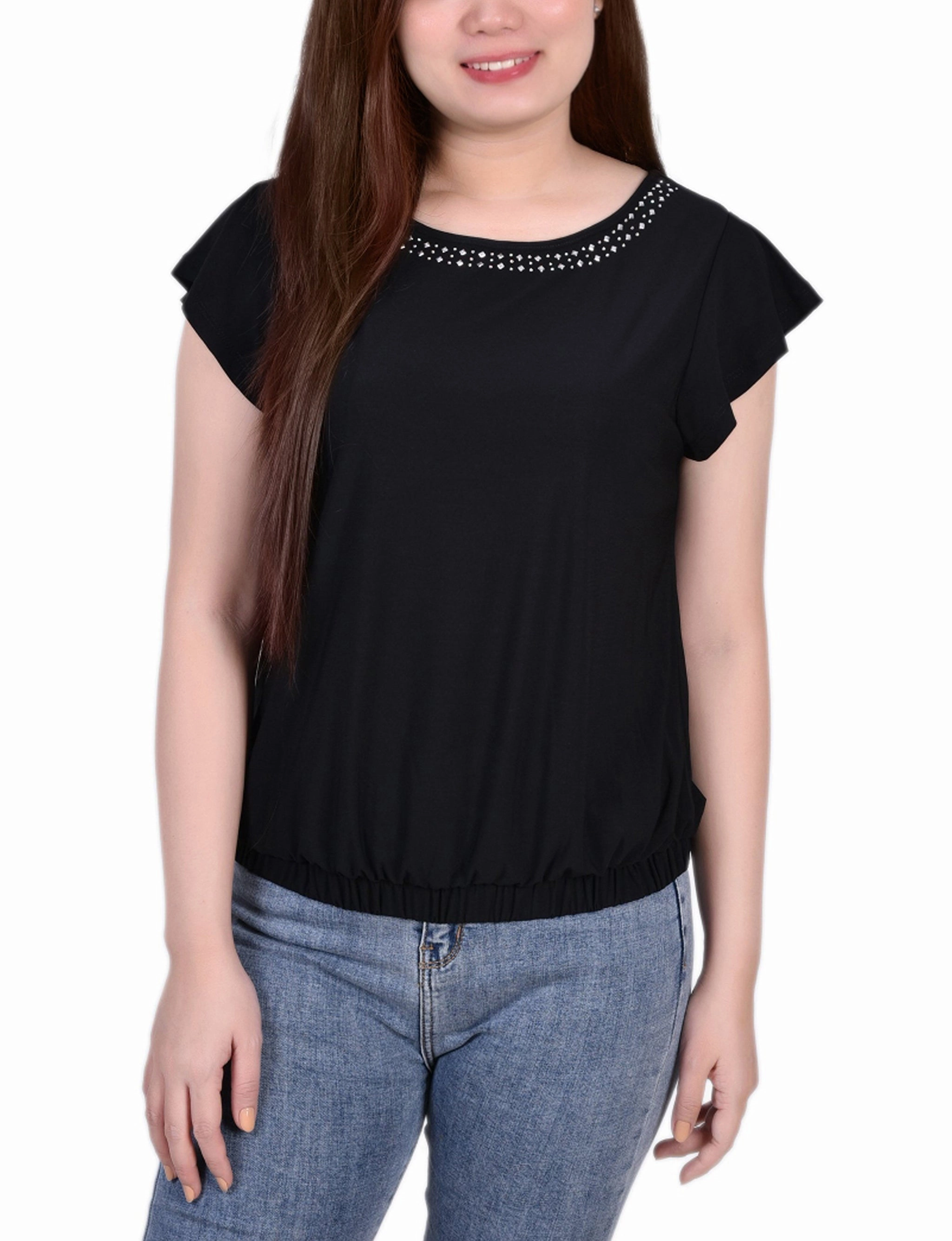 Quick Dry Material Short Flutter Sleeve Top With Studded Neckline