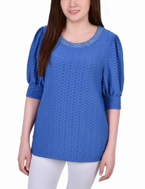 Short Puff Sleeve Honeycomb Top Resilient Elasticity