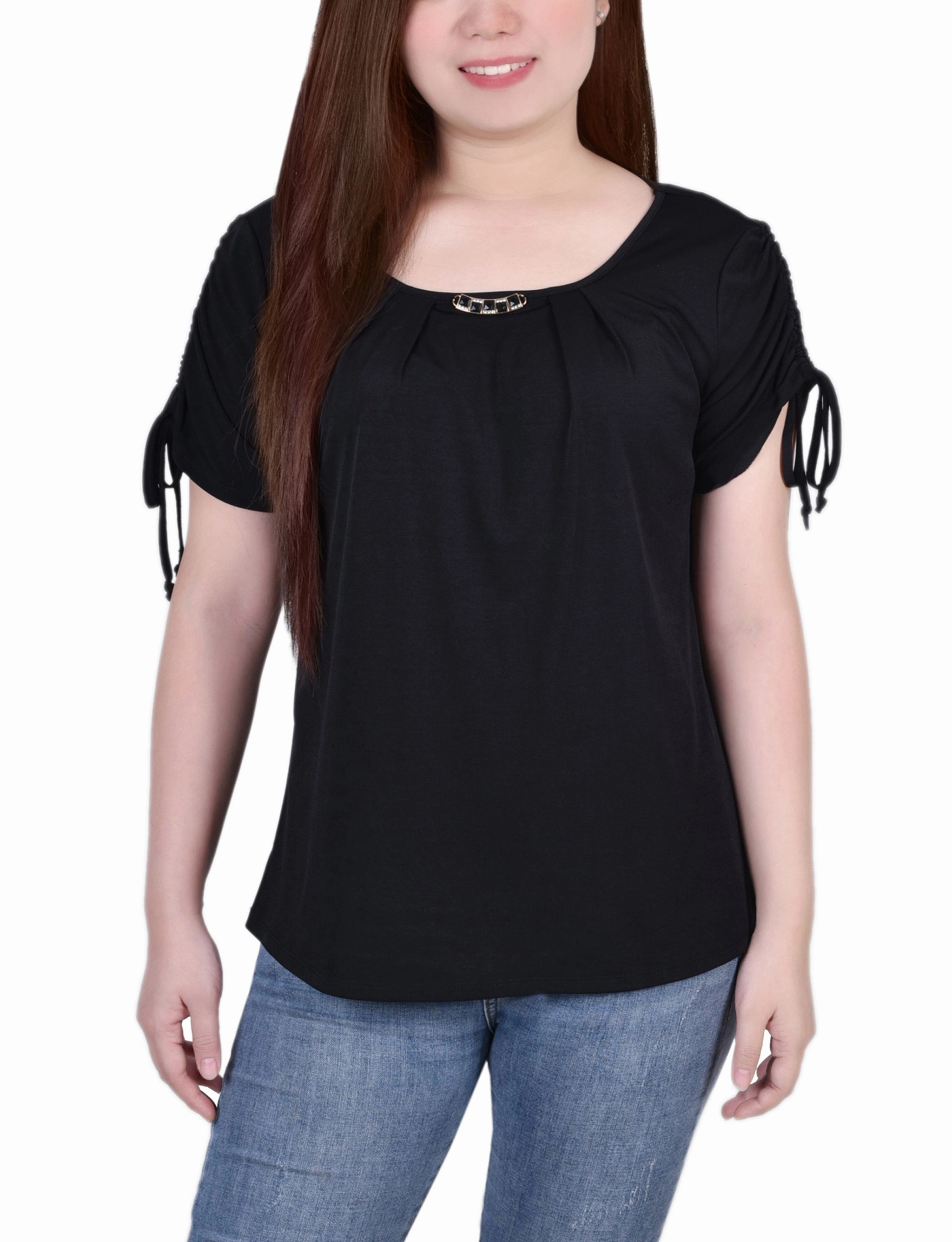 Short Ruched Sleeve Top With Pleats Breathable Material MultiPocket