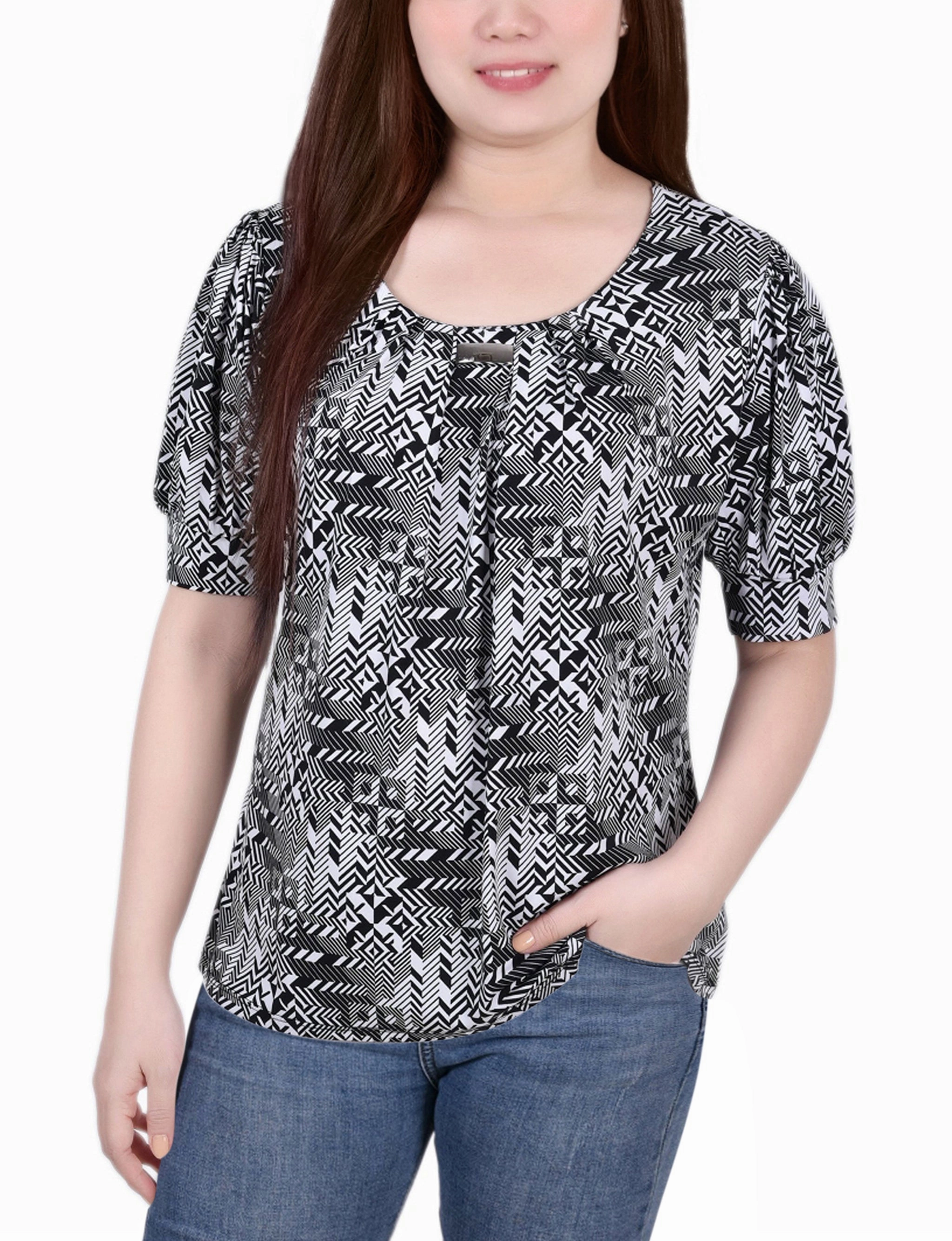 Short Sleeve Balloon Sleeve Top Ribbed Trims