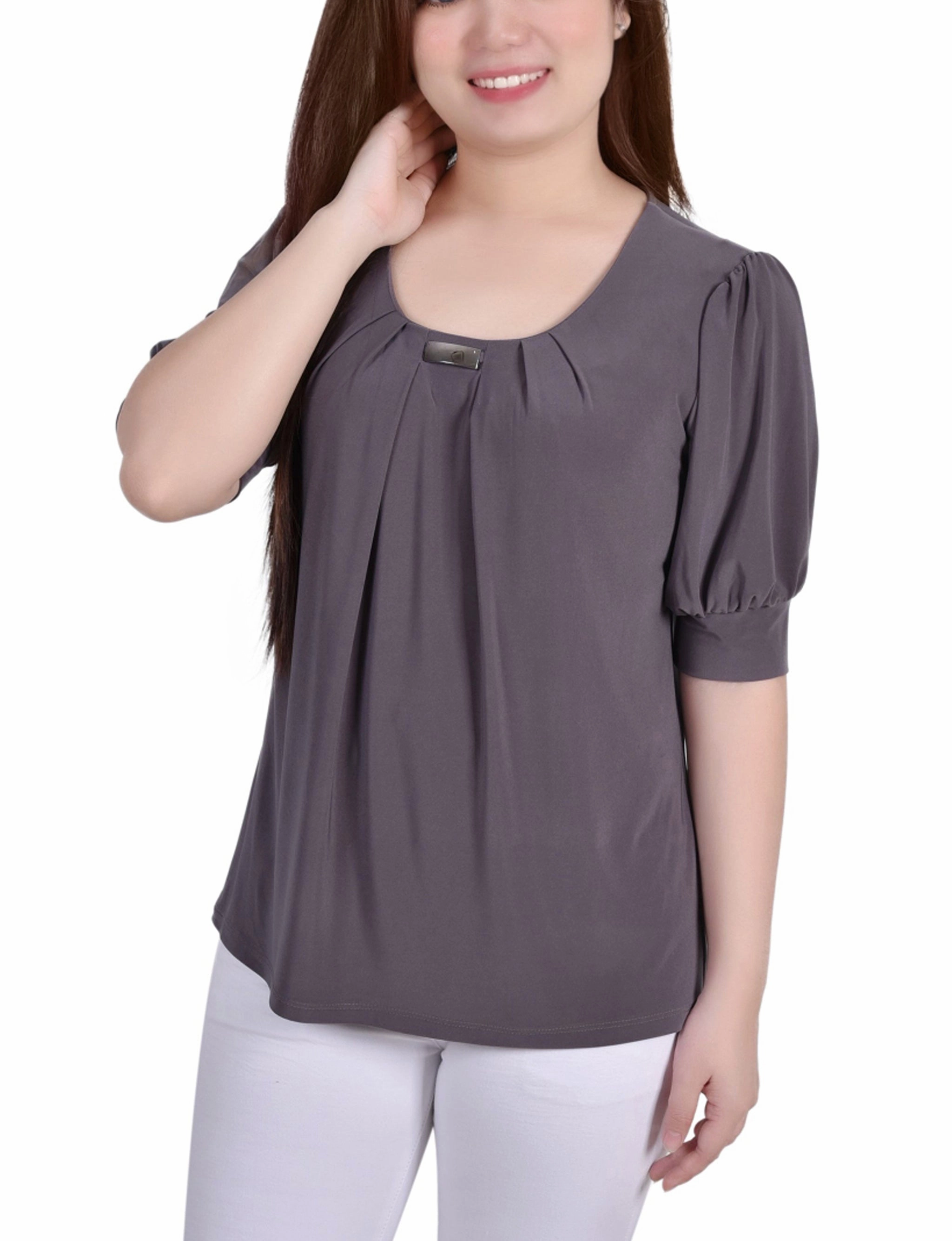 Earthy Tone Colorways Relaxed Look Short Sleeve Balloon Sleeve Top With Hardware