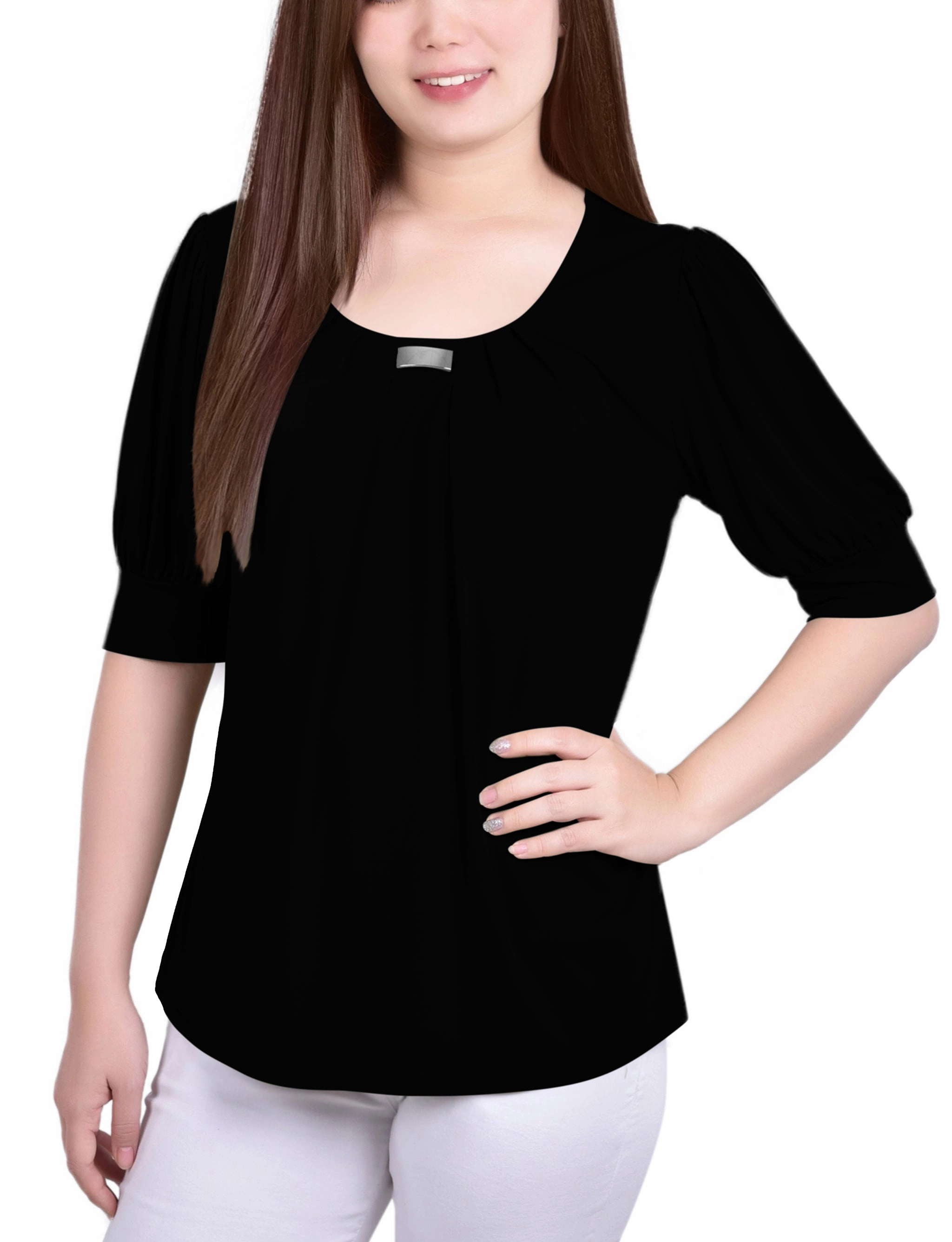 Short Sleeve Balloon Sleeve Top With Hardware Fun Design